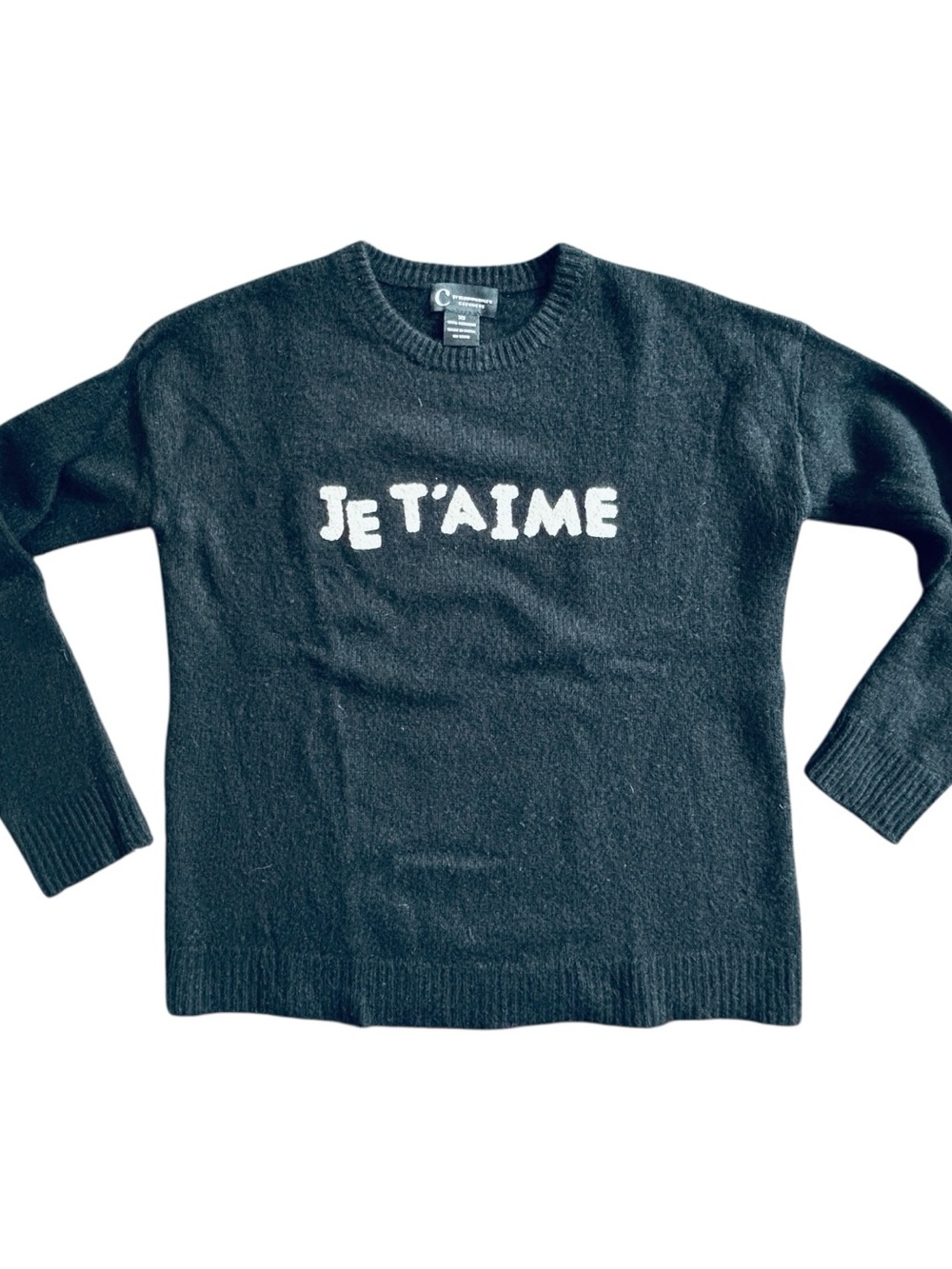 Bloomingdale's Black Crewneck Sweater with White "Je T'aime" Script